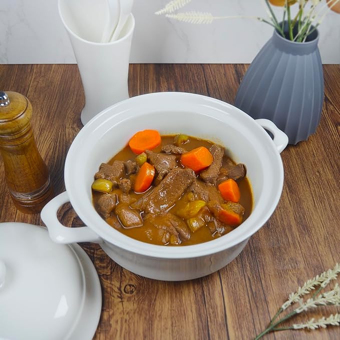 Casserole dish with Lid and soup spoon, Ceramic Serving Soup Tureen, 1.8 QT White French Serving Tureen, Lovely Soup Pot for Pasta Noodles Stew, Casserole Cookware Microwave Dishwasher Safe