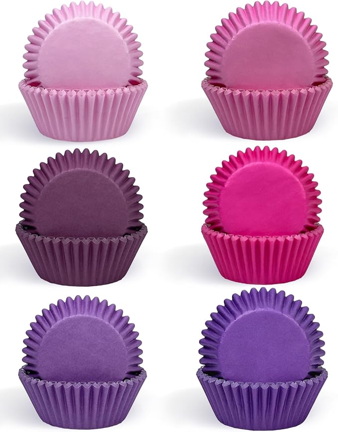 qiqee Mini 300-Count Cupcake Liners Cupcake Cups Food Grade 6 Solid Pink Purple Colors Cupcake Papers Baking Cups Cupcake Wrappers (Mini Size)