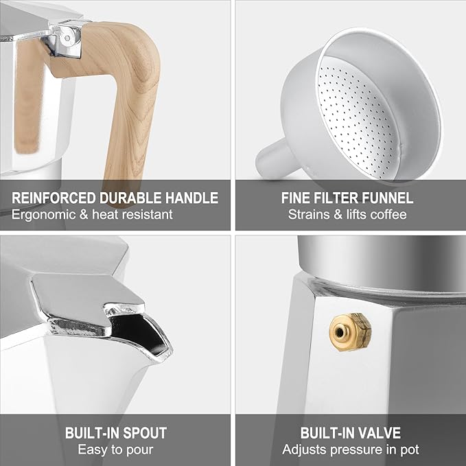 Sivaphe Aluminum Moka Pot 3 Espresso Cups, Percolator Espresso and Coffee Maker, Portable Stovetop Italian and Cuban Cafì±?Brewer for Home and Camping Sliver