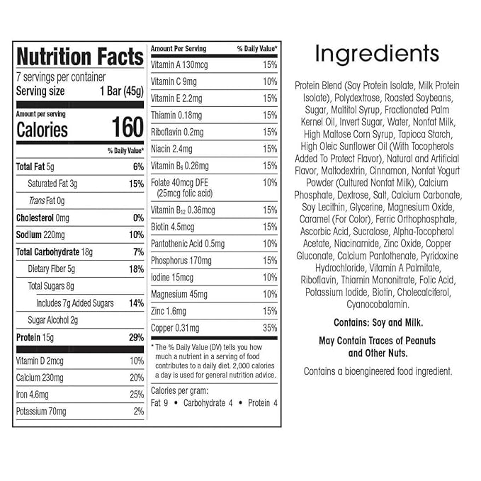 WonderSlim Meal Replacement Protein Bar, Cinnamon, 15g Protein, 20 Vitamins & Minerals, Gluten Free (7ct)