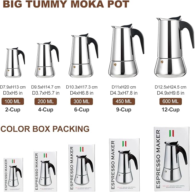2 Cup Stovetop Espresso Maker Stainless Steel Moka Pot Stove Top Percolator Italian Coffee Makers Capable Mocha Greca Machine Cafe Classic Induction Cookers for Home and Camping 100ml 3.3oz