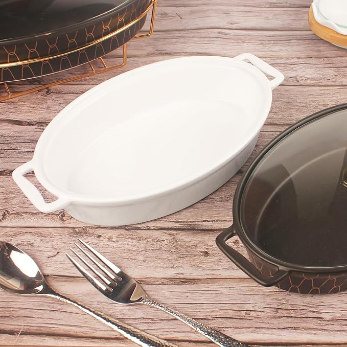 10" x 7" Ceramic Oval Casserole Dish with Glass Lid, 30 Ounce White Serving Soup Tureen,Chafing Dish for Buffet, Family Food preserve Tray, Catering Casserole for Party Style