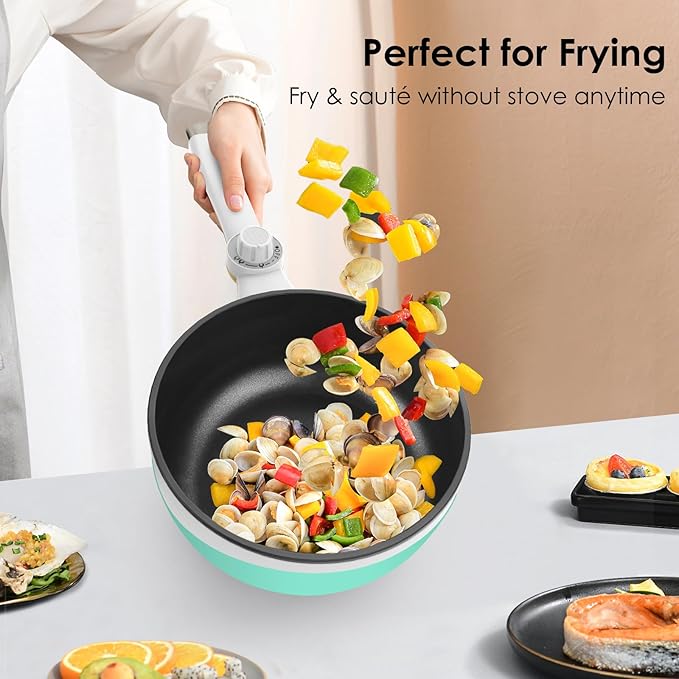 Audecook Hot Pot Electric, 1.7L Mini Electric Skillet Portable Nonstick Saut챕 Pan with Power Adjustment, Rapid Noodles Cooker Travel Multicooker for Steak/Soup/Egg/Oatmeal/Noodles