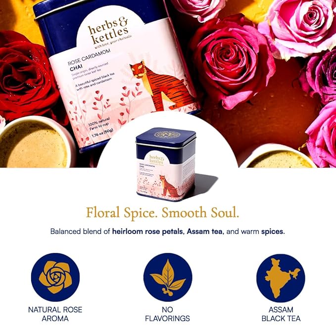 Herbs & Kettles Rose Cardamom Chai | Assam Black Tea with Rose Petals, Green Cardamom, Ginger, Cinnamon & Cloves | Floral Loose Leaf Blend | Makes 10–14 Servings | Premium Gift for Tea Lovers