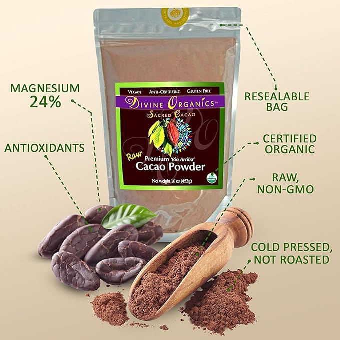 Divine Organics Raw Cacao Powder/Raw Cocoa Powder - Certified Organic - Premium Rio Arriba - Smoothies, Hot Chocolate, Baking, Shakes, Add to Coffee - Rich in Magnesium (16oz)