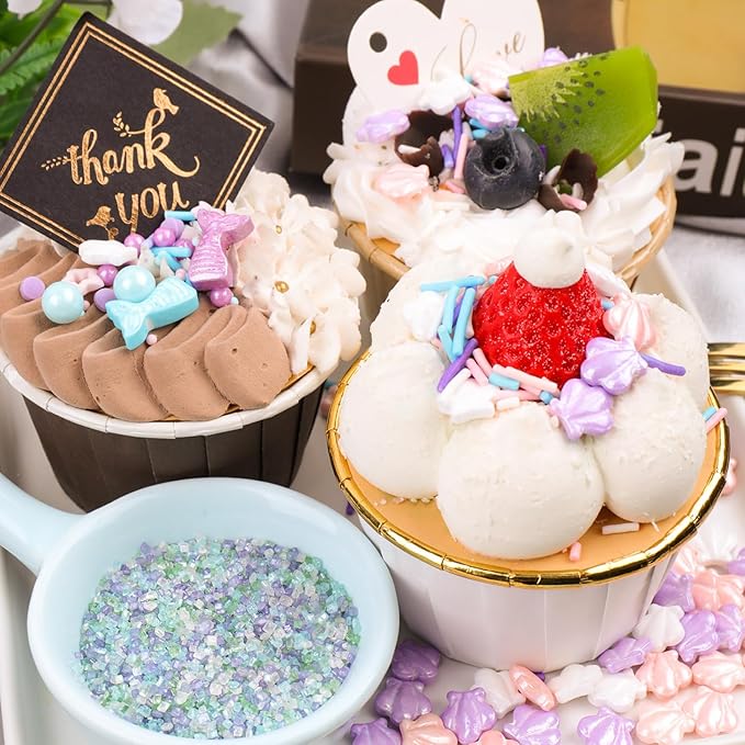 Pastel Mermaid Sprinkles for Cake Decorating, Ocean Seashell Sprinkles with Jimmies and Sanding Sugar for Ice Cream Cupcakes Brownie Cookie Baking Topping