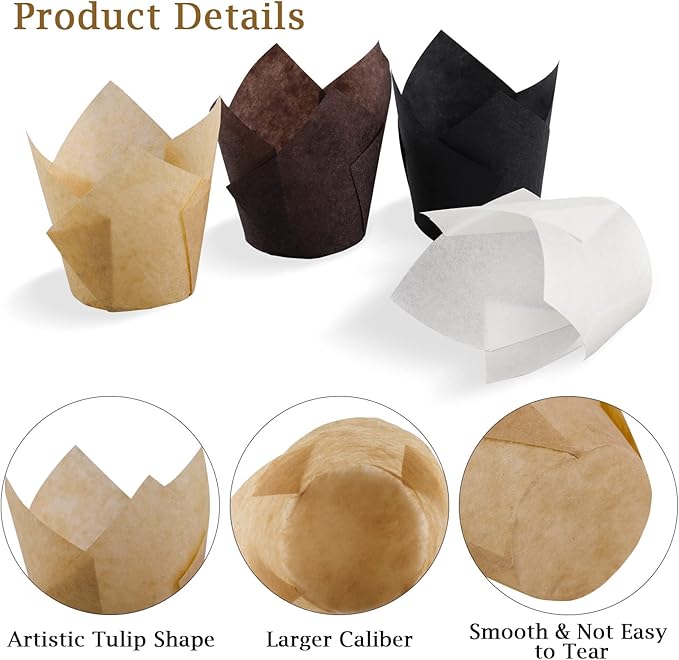 Ruisita 200 Pieces Mini Tulip Cupcake Liners, Tulip Baking Cups, Greaseproof Cupcake Muffin Liners, Muffin Cases Wrappers for Wedding Birthday Party Baby Shower, Brown, White, Natural, Black