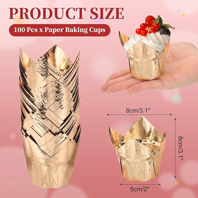 uxcell 100 Pcs Tulip Cupcake Liners, Muffins Liners Aluminum Foil Cupcake Wrappers Baking Cups Muffins Liners for Wedding Birthday Party Supplies, Champagne Gold