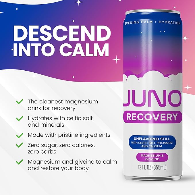 JUNO RECOVERY Unflavored Still Drink - Energizing Hydration with Magnesium, Glycine, Celtic Salt, Potassium & Calcium - Refreshing Beverage, 12 Pack