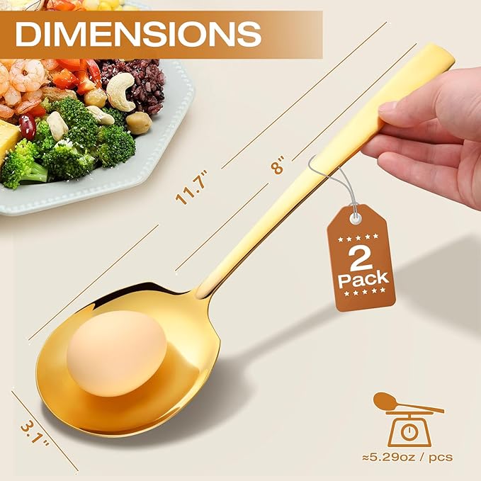 Extra Large Serving Spoons Set 11.7 Inch Gold Serving Utensils 18/8 Stainless Steel Big Metal Spoons for Buffet, Parties, Catering, Banquet - Dishwasher Safe (2-Piece, Gold)