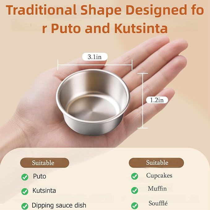 24 Pcs Puto Molder Filipino - 3.1??x 1.2??Reusable Puto Mold Cups for Steamer Filipino - Kutsinta Molder Filipino for Baking & Steaming, 304 Stainless Steel Puto Molde Baking Cup