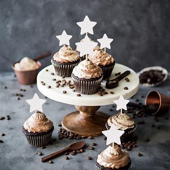 30 PCS Little Star Cupcake Toppers Glitter Twinkle Star Cupcake Picks Wedding Engagement Baby Shower Birthday Party Cake Decorations Supplies Mixed Size Silver
