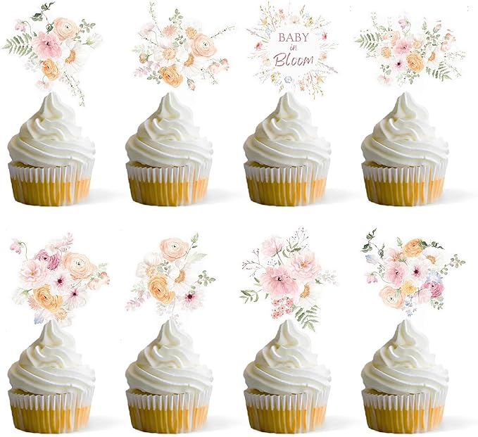 Wildflower Baby in Bloom Cupcake Toppers, Floral Cupcake Toppers for Birthday Party Baby Shower Decorations Supplies.(48PCS)