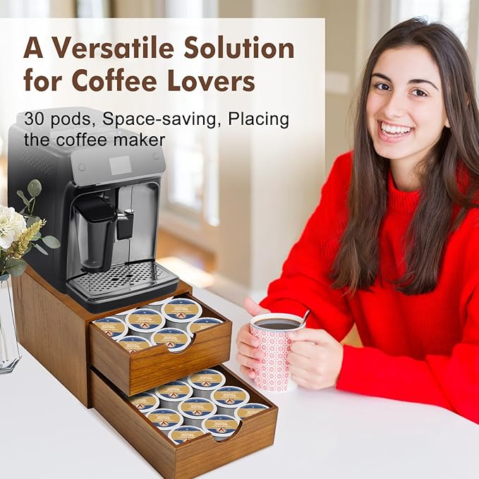 Wooden K Cup Organizer Coffee Pod Storage Box - K Pod Holder with Two Drawers, K Cup Drawer Under Brewer and Coffee Maker Machine Stand, 30 Pod Capacity, Style B ??,<div>
