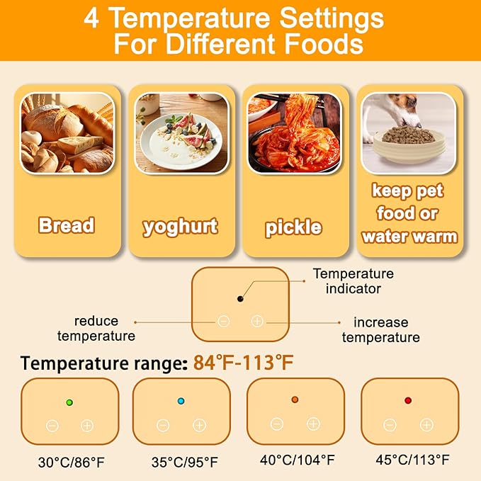 Heating Sourdough Bread Baking Supplies, Bread Proofer with 4 Temperature Settings, Round 9 Inch Foldable Silicone Basket, Yogurt & Pet Food Warmer