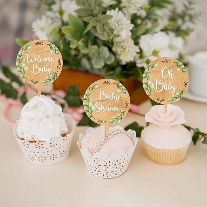 12 PCS Baby Shower Party Cupcake Toppers Oh Baby Cake Cupcake Decorations in Wood (Design A)