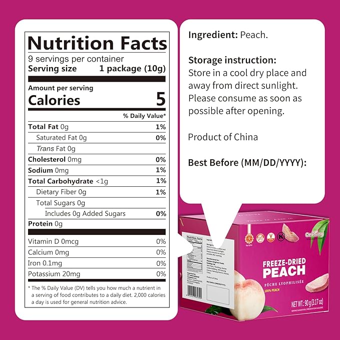 ONETANG Freeze-Dried Fruit Peach Chips, 9 Pack Single-Serve Pack, Non GMO, Kosher, No Add Sugar, Gluten free, Vegan, Holiday Mothers Day Gifts, Healthy Snack 0.35 Ounce