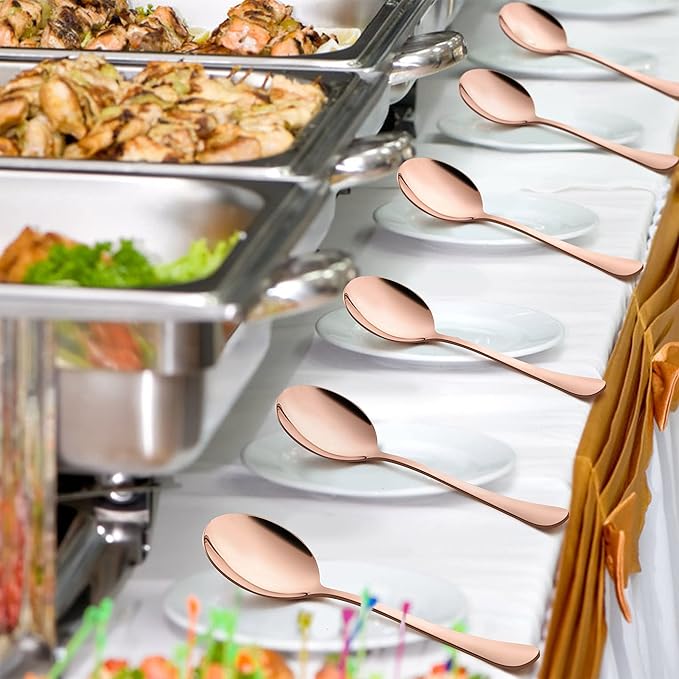LIANYU Copper Serving Spoons Set of 6, 9.8 Inch Stainless Steel Large Dinner Buffet Catering Banquet Serving Spoons, Mirror Finish, Dishwasher Safe