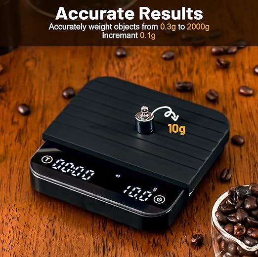 KitchenTour Caf챕Metric Coffee Scale with Timer 0.1g/2000g - Precision Scale for Espresso & Pour Over - Water Flow Speed Mode and Coffee Powder-to-Liquid Ratio Mode - Rechargeable, LCD Display-Black