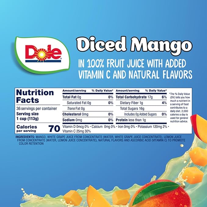 Dole Fruit Bowls Diced Mango in 100% Juice Snacks, 4oz 36 Total Cups, Gluten & Dairy Free, Bulk Lunch Snacks for Kids & Adults