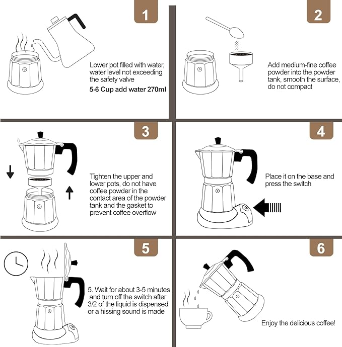 Aluminum Electric Moka Pot 5-6 Cup 270ml Express Coffee Maker Stovetop Espresso Portable Coffeemaker Italian Classic Brewing Greca Cafe Mocha with Removable Base and Overheating Protection Machine