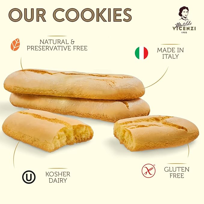 Matilde Vicenzi Gluten Free Vicenzovo Ladyfingers - Classic Italian Biscuits, Lady Fingers Cookies for Tiramisu, Kosher Lactose Free Cookies, Italian Bakery Dessert 4.41 oz (125g), 4Pk