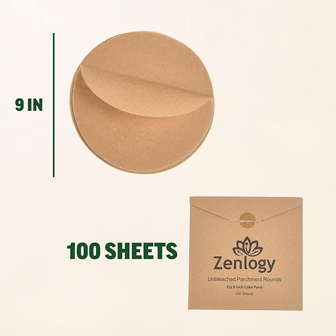 Zenlogy 9 Inch Parchment Paper Rounds (100 Sheets) - Unbleached, Pre-cut, High Heat, Round Liners - Fits 9 inch Round Cake Pans