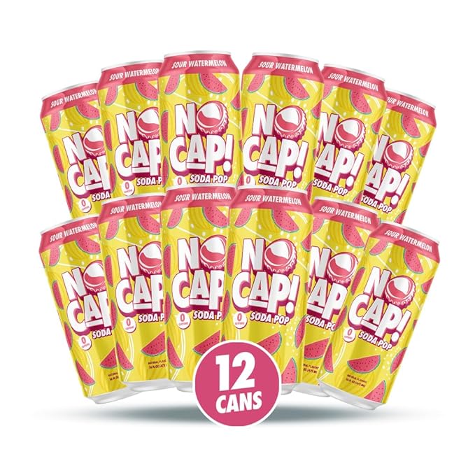 No Cap! Healthy Soda Drinks For Kids, Teenagers & Adults, Zero Sugar, Zero Calorie, Caffeine Free, 16 Oz Cans, (12 Pack Sour Watermelon)