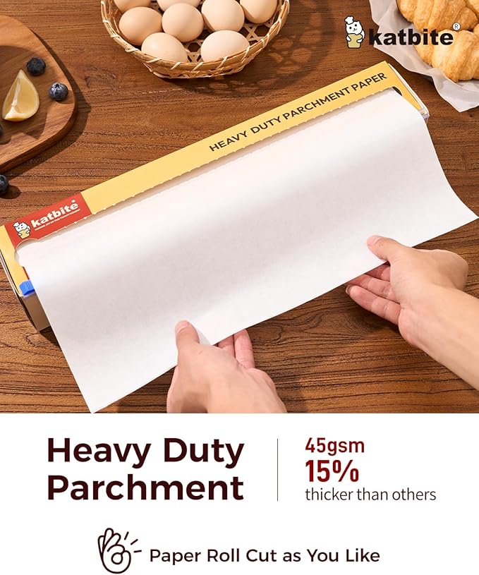 Katbite Parchment Paper Roll for Baking, 2 Pack of 15 in x 210 ft, Heavy Duty Cooking Paper for Baking Bread, Cookies, Non-stick for Oven, Air Fryer, Steamer, Heat Press with 2Pcs of Slide Cutter