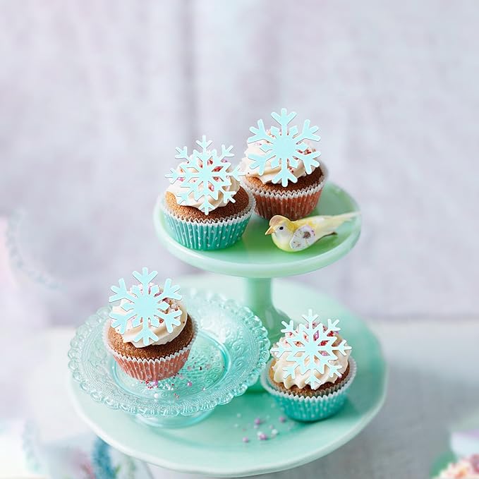 60 PCS Edible Snowflake Cupcake Toppers Wafer Paper Snowflake Cake Decorations Edible Snowflake Cupcake Picks Topper for Christmas Winter Frozen Theme Baby Shower Birthday Party Supplies Blue