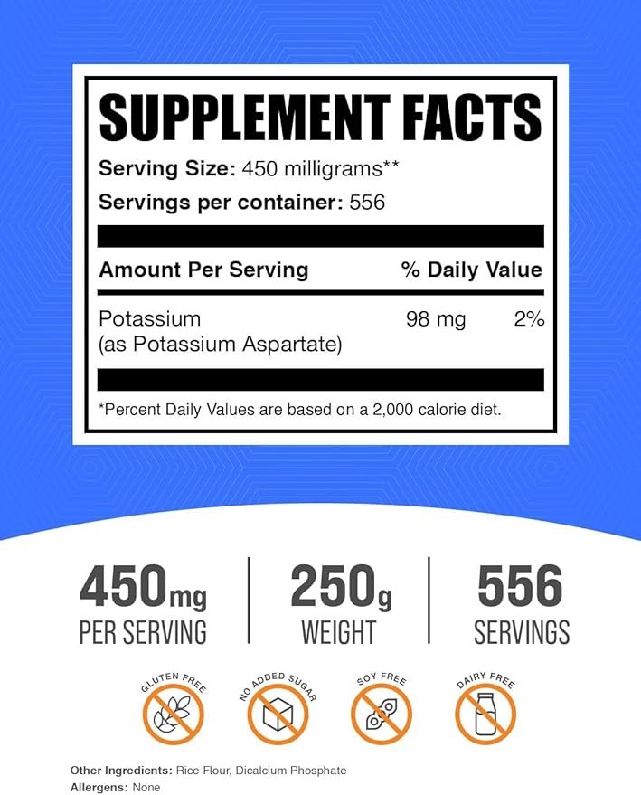 BulkSupplements.com Potassium Aspartate Powder - Mineral Supplement, for Hydration Support - Gluten Free, 450mg (98mg Potassium) per Serving, 250g (8.8 oz) (Pack of 1)