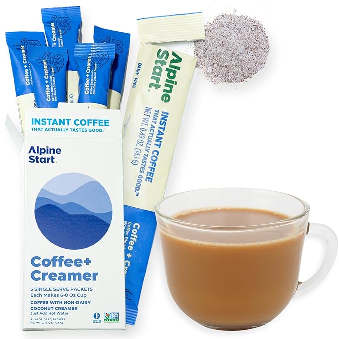Alpine Start Instant Coffee Packets with Creamer Single Serve - Individual Latte Powder Mix from Arabica Coffee Beans with Non-Dairy Cream for Travel, Hiking, Backpacking (0.49 OZ) Box of 5 Sticks