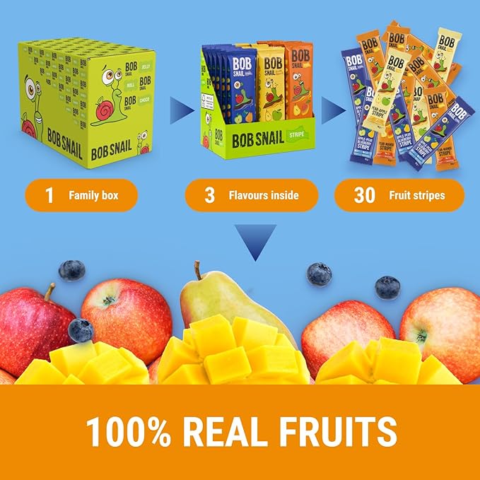 BOB SNAIL Healthy Organic Fruit Snacks for Kids and Adults ??30 Organic Fruit Leather Snacks with Pear & Apple, Blueberry, Mango ??Vegan Low-Carb Variety Pack Strips for Kids ??Sugar Free Jerky Bars