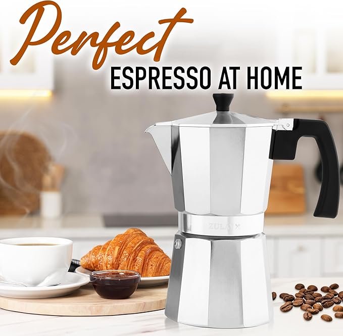 Zulay Moka Pot Espresso Stovetop Coffee Maker - Leak-Proof, Stainless Steel, Easy to Clean, Heat Resistant Handle & Knob -for Authentic Cuban & Italian Style Espresso - Makes 12 Espresso Cups - Silver
