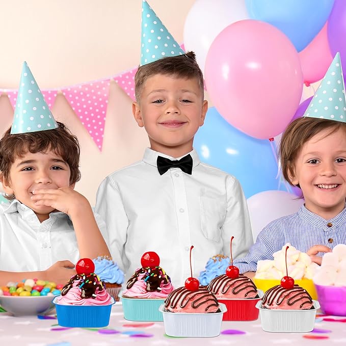 Aoriher 150 Pieces 10 oz Mini Cake Pans with Lids Aluminum Foil Baking Cups Square Disposable 4" x 4" Large Cupcake Cups Baking Tins for Kitchen Brownie Pudding Desserts Holders(Colored)