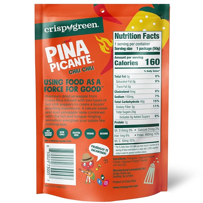 Crispy Green Pi챰a Picante, Double Chili Dried Pineapple, Healthy Real Fruit Snacks, 12 Bags, 1.76 Ounces each