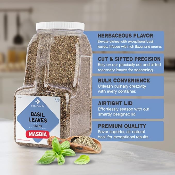 Dependable Food Basil Leaves -1.5 Lb. Jar- Bulk, Kosher, Dried Basil Seasoning for Pasta Sauces, Pesto, Salads, Garnishes & More - Natural, Non-GMO Thai Basil Spice
