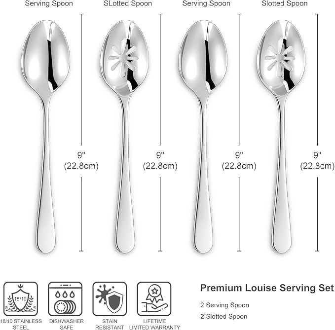 KEAWELL Louise Premium 2 Piece Serving Spoons and 2 Piece Serving Slotted Spoons ??9 inches ??18/10 Stainless Steel - Uniting Elegance and Durability - Exquisite Serving Utensils for Parties