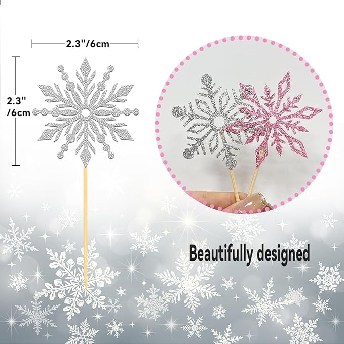 24PCS Glitter Snowflake Cupcake Toppers for Snowflake Decorations, Frozen Snowflake Cake Topper, Christmas Snowflake Cake Picks for Winter Decorations (Pink)