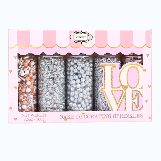 Confect Edible Cake Sprinkles Mix ??Silver, Bronze & White Pearls, Silver Jimmies, Sparkling Sugar ??Dessert Toppings for Cakes, Cupcakes, Cookies & Baking Decoration | Vegan, Gluten-Free, Nut-Free, Soy-Free, Dairy-Free, Palm Oil-Free- 5 Oz