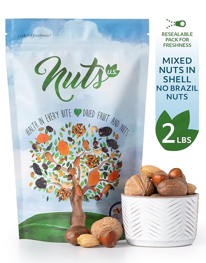 NUTS U.S. ??Mixed Nuts In Shell (Almonds, Walnuts, Hazelnuts, Pecans) | No Added Colors and No Artificial Flavors | Fresh Buttery Taste and Raw |Packed In Resealable Bags (2 LBS)