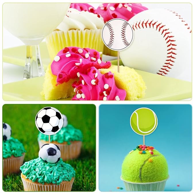 48 Pcs Sports Cupcake Toppers Cake Decorations, Sports Party Cupcake Picks, Baseball Basketball Soccer Football Tennis Volleyball Cake Toppers for Boy Kid Teen Adult Birthday Party Supplies, 6 Styles