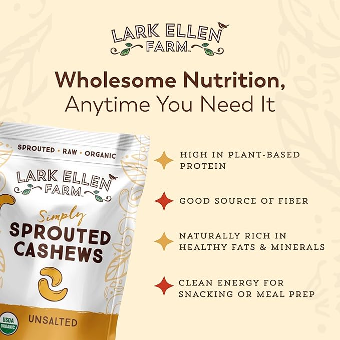 Lark Ellen Farm Unsalted Organic Raw Cashews, Sprouted, Air-Dried, Gluten-Free, Non-GMO, Vegan, Keto, Certified USDA, Peanut-Free Facility, Resealable Bag (10 oz, 6 pack)