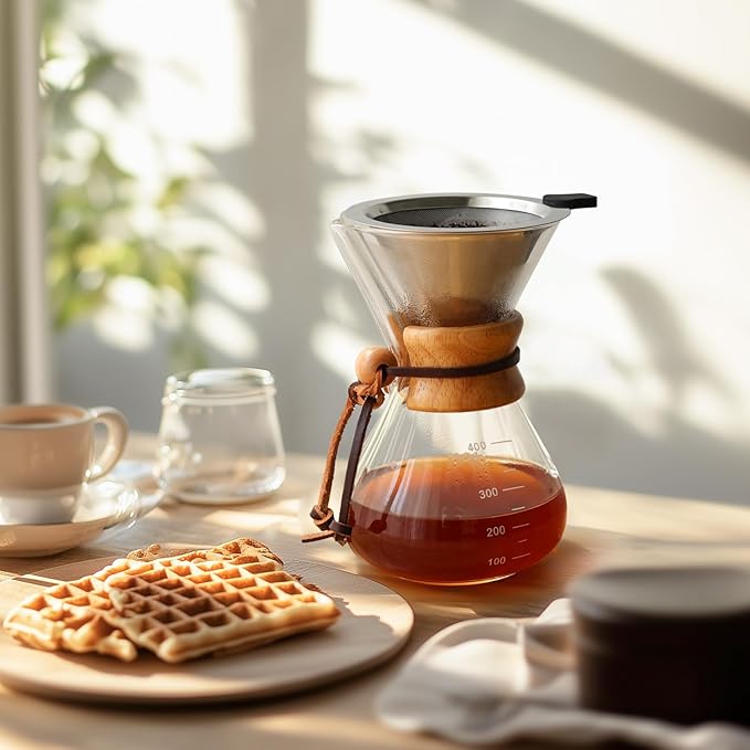 Pour Over Coffee Maker 14 OZ, 4 Cup Borosilicate Glass Drip Coffee Maker with Reusable Stainless Steel Filter and Cork Grip for Home Caf챕 400 ML