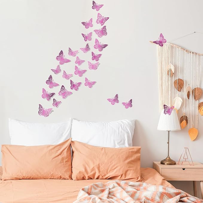 72 Pcs Butterfly Decorations, 3 Sizes 3 Styles Wall Decor, Party and Birthday Decorations, Pinkish Purple