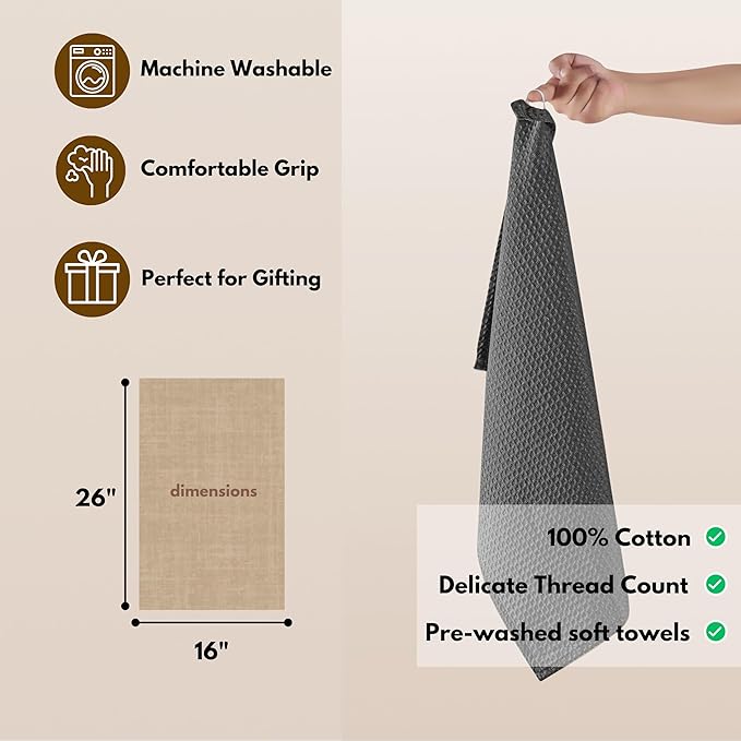 Native Fab Cotton Kitchen Towel with Hanging Loop 16x26 inches, 4-Pack, Waffle Weave Kitchen Towels for Cleaning Drying, Washcloths Soft & Absorbent Cloth Rags, Bar Towel, Dish Cloth, Grey