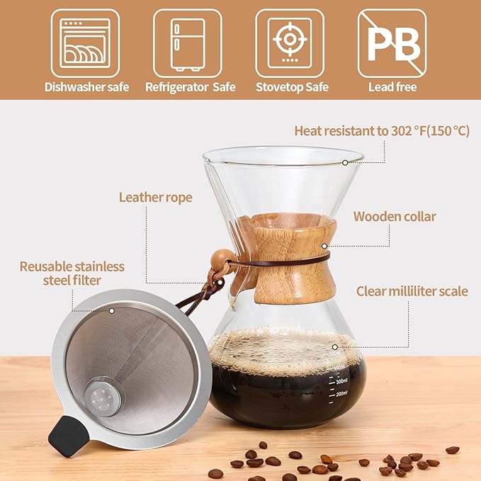 Pour Over Coffee Maker 20 OZ, 6 Cup Borosilicate Glass Drip Coffee Maker with Reusable Stainless Steel Filter and Cork Grip for Home Caf챕 600 ML