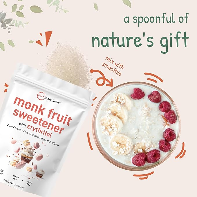 Monk Fruit Sweetener with Erythritol Granules, 4 Pounds, No After Taste, 1:1 White Sugar Substitute, Keto Diet Friendly, Zero Calorie, Natural Sweetener for Drinks, Coffee, Tea, Cookies, No-GMO, Vegan