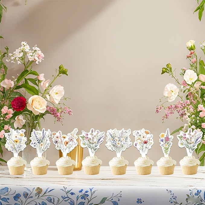 40Pcs Floral Wildflower Cupcake Toppers - Wildflower Birthday Baby Shower Baby in Bloom Party Supplies Cake Decorations for Girls and Women