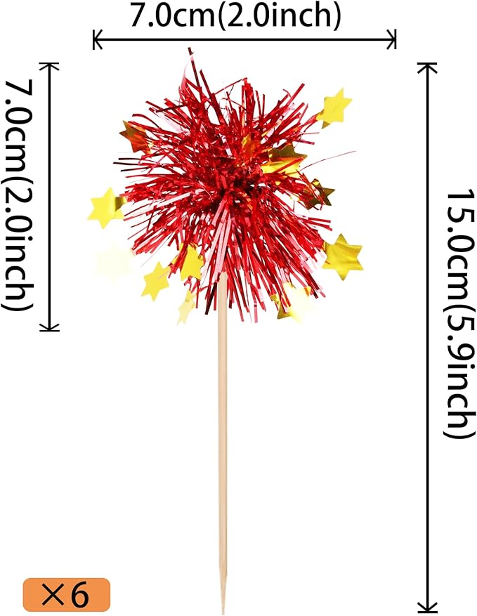 Rsstarxi 30 Pack Foil Firework Cupcake Toppers Happy Valentine's Day Cupcake Toppers Tinsel Flower Drink Stirrers Cocktail Food Fruit Toothpicks for New Years Birthday Party Cake Decorations Red